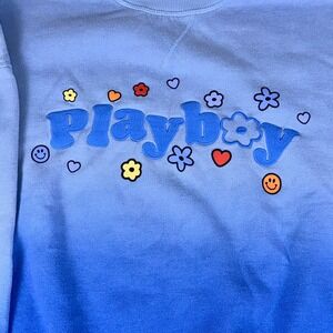 Playboy‎ by PacSun Blue Ombre Crewneck Sweatshirt M Flower Smiley Graphic Logo